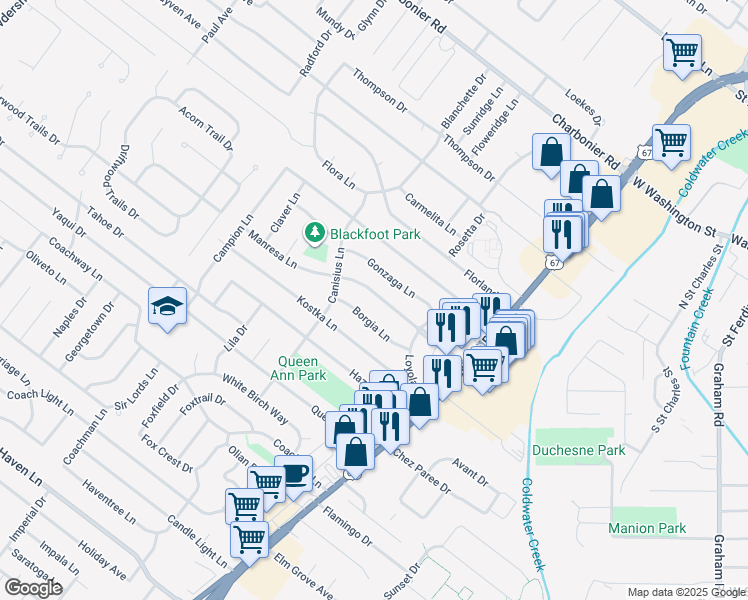map of restaurants, bars, coffee shops, grocery stores, and more near 815 Manresa Lane in Florissant