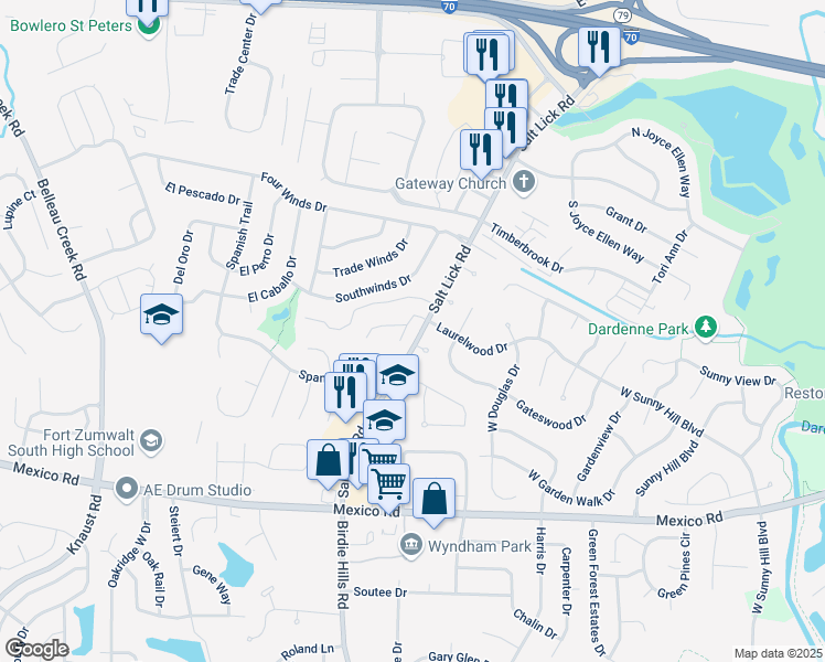 map of restaurants, bars, coffee shops, grocery stores, and more near 525 Summer Winds Lane in St. Peters