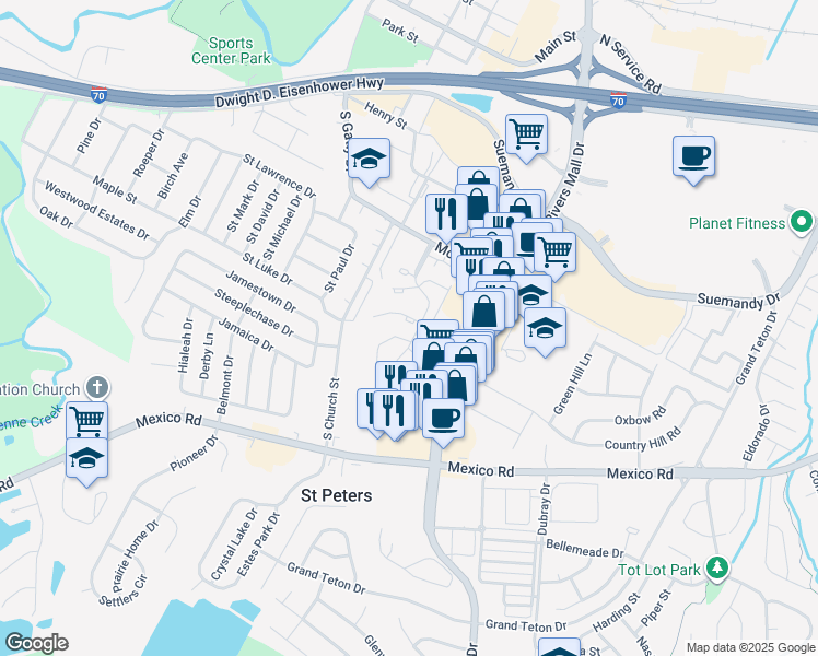 map of restaurants, bars, coffee shops, grocery stores, and more near 347 Windsor Place in St. Peters