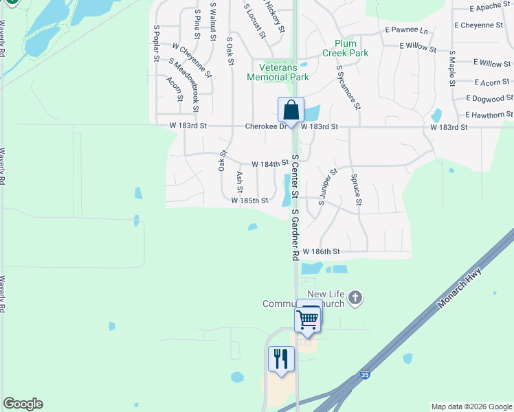 map of restaurants, bars, coffee shops, grocery stores, and more near 29708 West 185th Street in Gardner