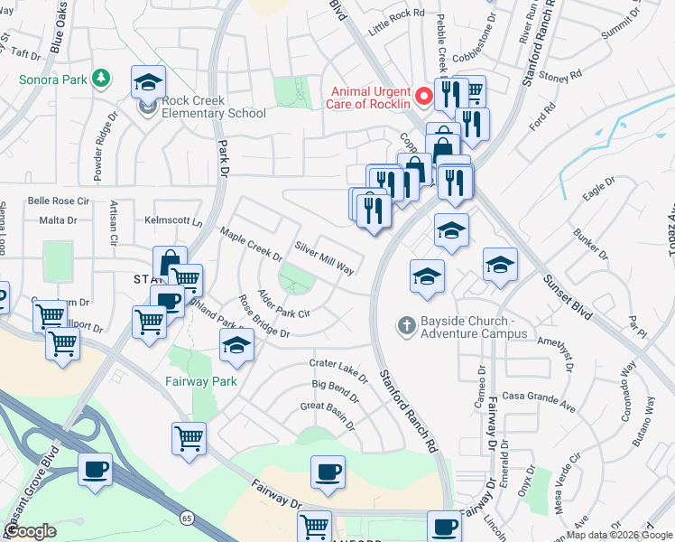 map of restaurants, bars, coffee shops, grocery stores, and more near 6625 Silver Mill Way in Roseville