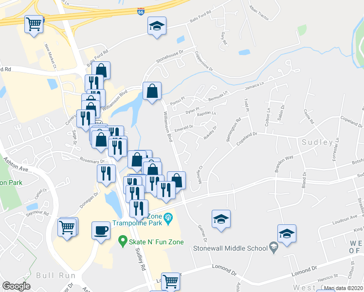 map of restaurants, bars, coffee shops, grocery stores, and more near 7536 Belle Grae Drive in Manassas