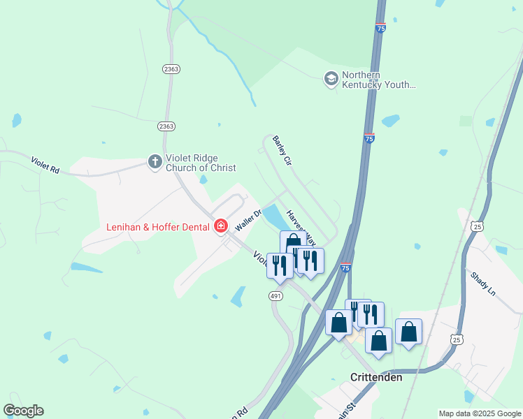 map of restaurants, bars, coffee shops, grocery stores, and more near 170 Waller Drive in Crittenden