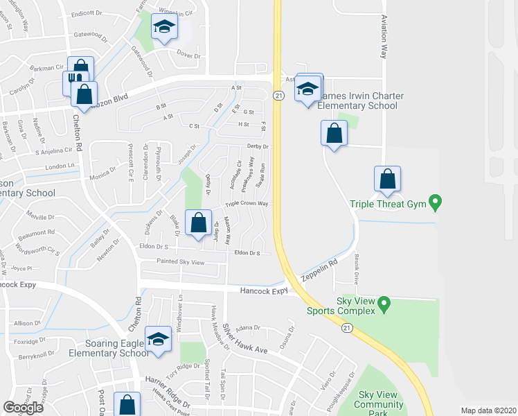 map of restaurants, bars, coffee shops, grocery stores, and more near 2708 Swale Run in Colorado Springs