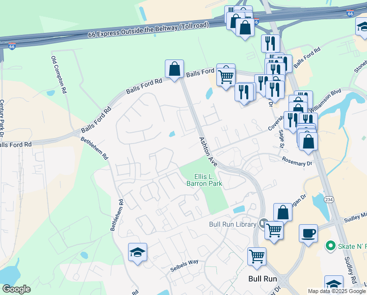 map of restaurants, bars, coffee shops, grocery stores, and more near 7581 Margate Court in Manassas