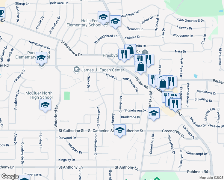 map of restaurants, bars, coffee shops, grocery stores, and more near 1035 Saddle Drive in Florissant