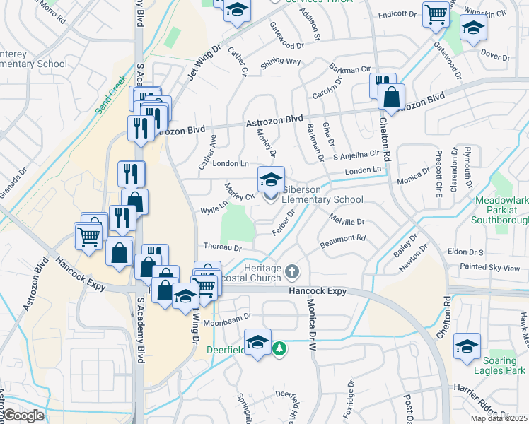 map of restaurants, bars, coffee shops, grocery stores, and more near 2880 Ferber Drive in Colorado Springs