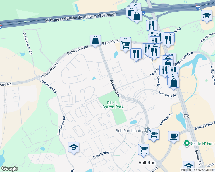 map of restaurants, bars, coffee shops, grocery stores, and more near 7597 Gales Court in Manassas