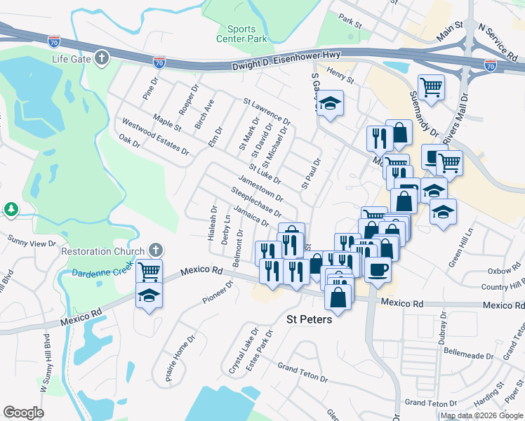 map of restaurants, bars, coffee shops, grocery stores, and more near 27 Steeplechase Drive in St. Peters