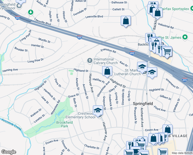 map of restaurants, bars, coffee shops, grocery stores, and more near 7213 Halifax Place in Springfield