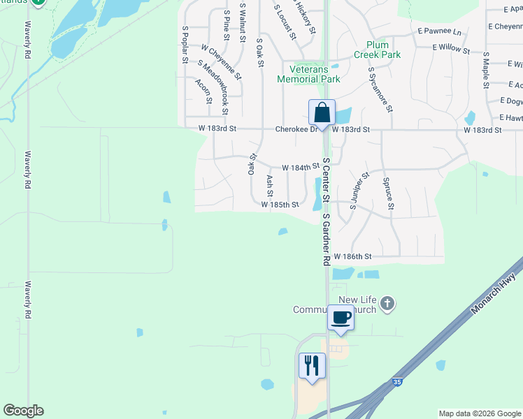 map of restaurants, bars, coffee shops, grocery stores, and more near 29805 West 185th Street in Gardner