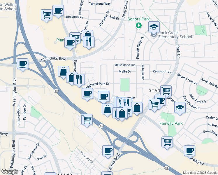 map of restaurants, bars, coffee shops, grocery stores, and more near 1704 Dante Circle in Roseville