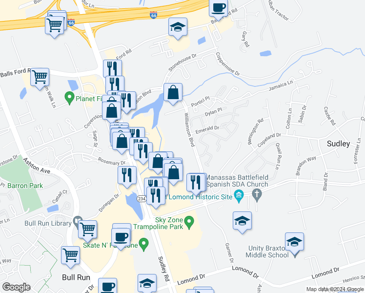 map of restaurants, bars, coffee shops, grocery stores, and more near 7434 Langholm Way in Manassas