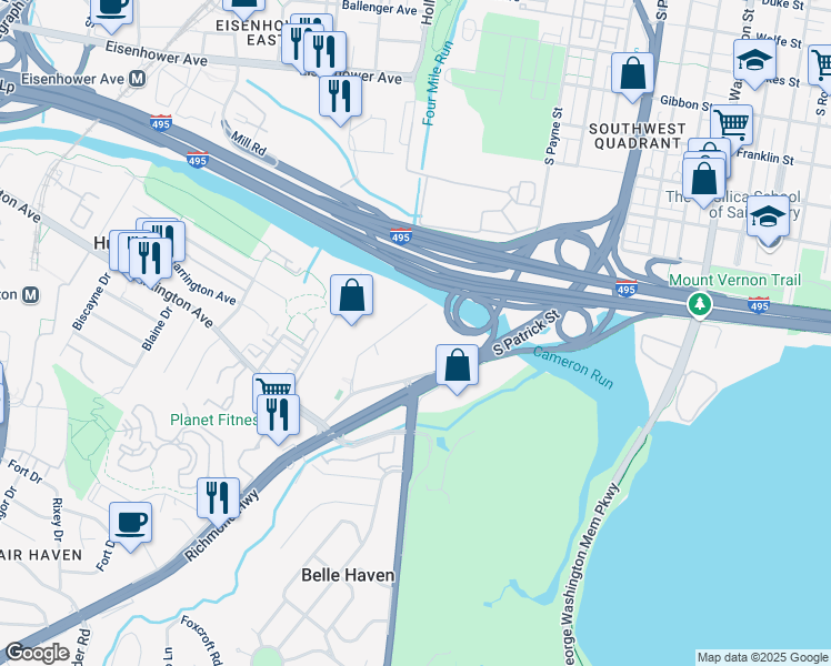 map of restaurants, bars, coffee shops, grocery stores, and more near 5904 U.S. 1 in Alexandria