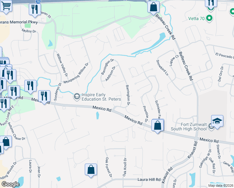 map of restaurants, bars, coffee shops, grocery stores, and more near 4 Winslow Court in St. Peters