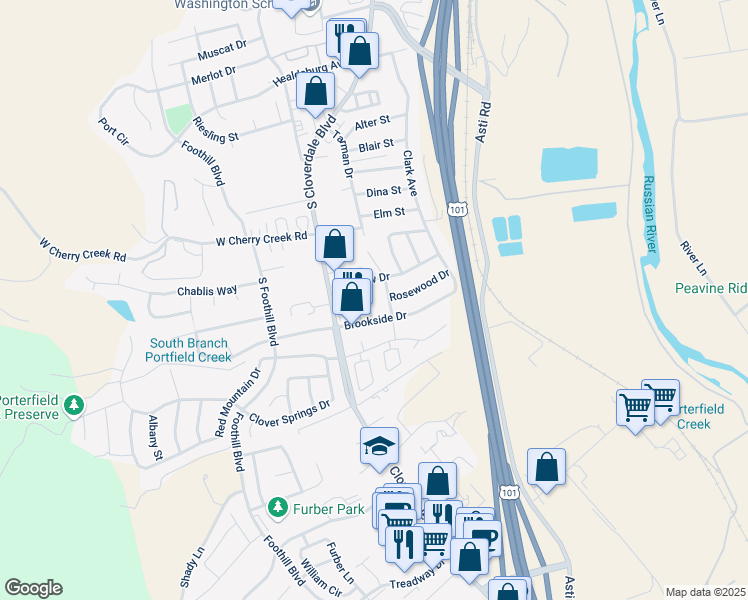 map of restaurants, bars, coffee shops, grocery stores, and more near 93 Mayor Way in Cloverdale