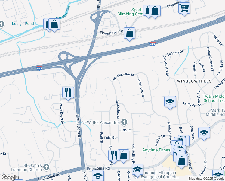 map of restaurants, bars, coffee shops, grocery stores, and more near 5826 Brookview Drive in Alexandria