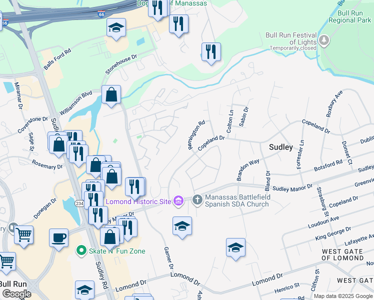 map of restaurants, bars, coffee shops, grocery stores, and more near 7552 Remington Road in Manassas