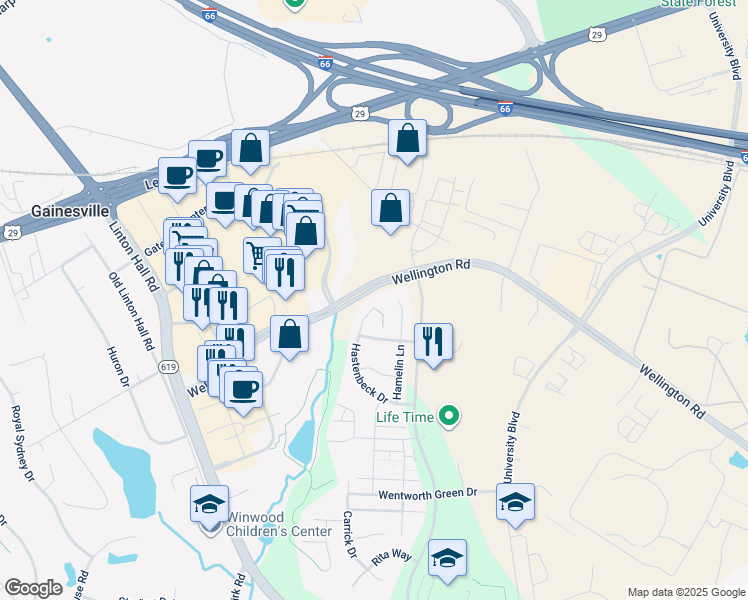 map of restaurants, bars, coffee shops, grocery stores, and more near 13757 Hastenbeck Drive in Gainesville