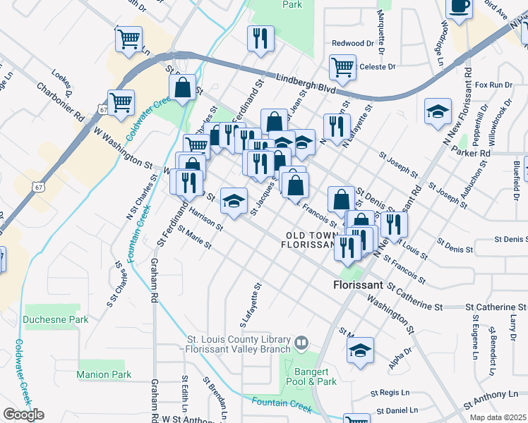 map of restaurants, bars, coffee shops, grocery stores, and more near 520 Saint Catherine Street in Florissant