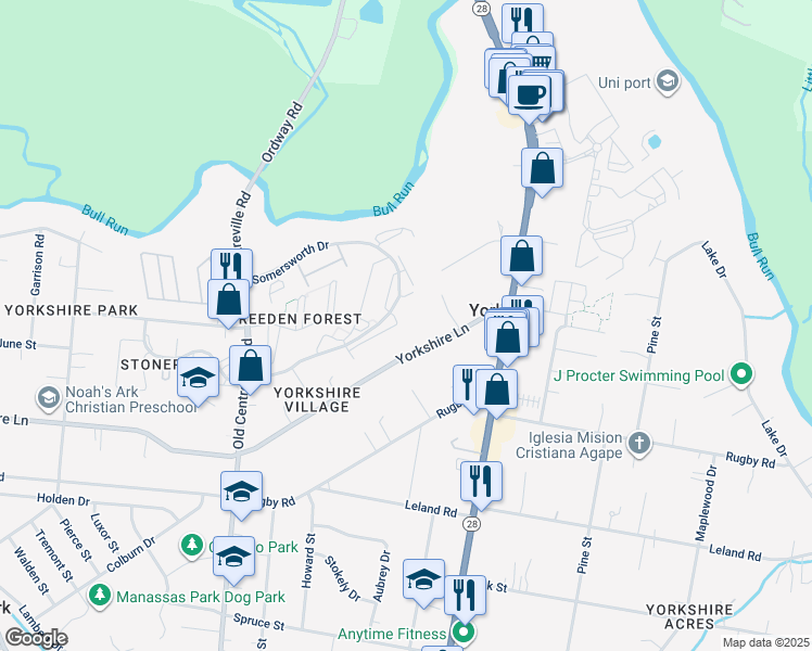 map of restaurants, bars, coffee shops, grocery stores, and more near 8615 Centerton Lane in Manassas