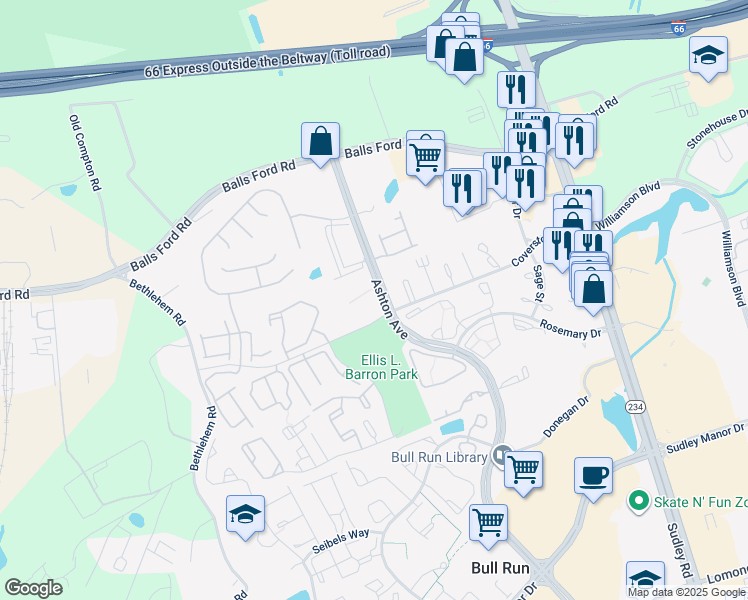 map of restaurants, bars, coffee shops, grocery stores, and more near 11050 Camfield Court in Manassas