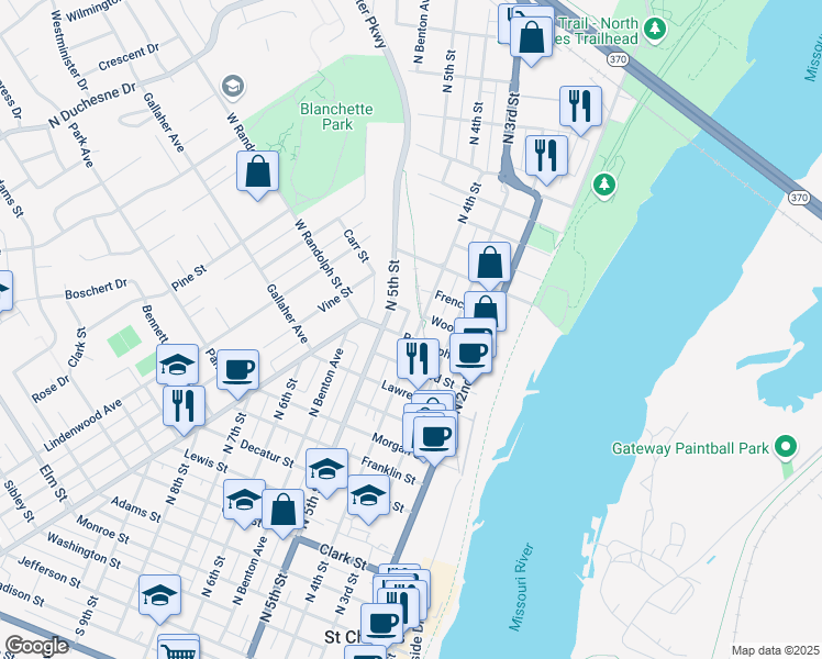 map of restaurants, bars, coffee shops, grocery stores, and more near 1319 North 4th Street in Saint Charles