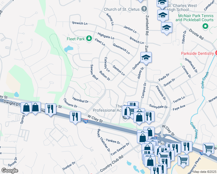 map of restaurants, bars, coffee shops, grocery stores, and more near 3008 Sawyer Boulevard in Saint Charles