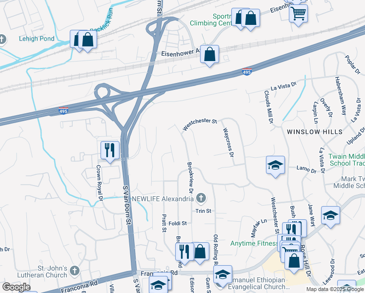map of restaurants, bars, coffee shops, grocery stores, and more near 5826 Brookview Drive in Alexandria