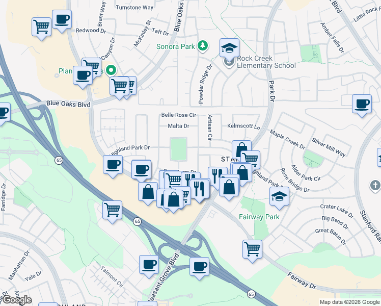 map of restaurants, bars, coffee shops, grocery stores, and more near 9467 Highland Park Drive in Roseville