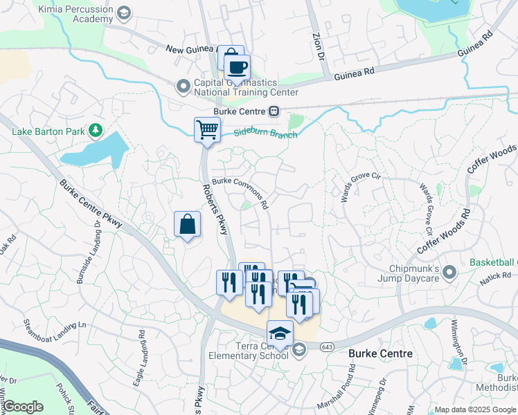 map of restaurants, bars, coffee shops, grocery stores, and more near 5904 Annaberg Place in Burke