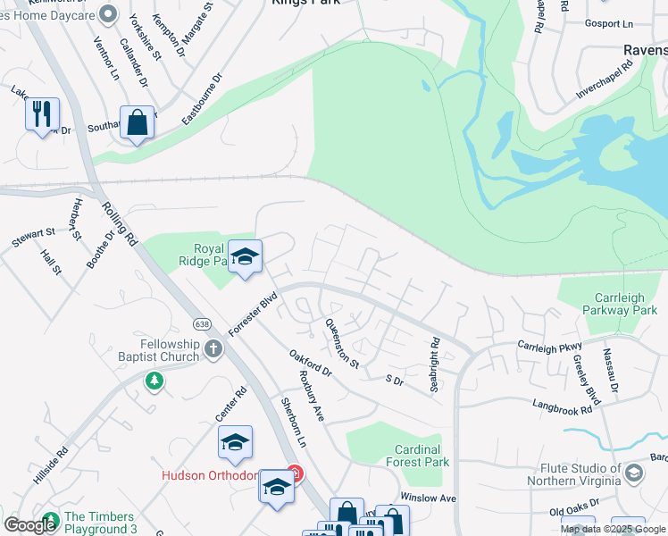 map of restaurants, bars, coffee shops, grocery stores, and more near 5825 Rexford Drive in Springfield