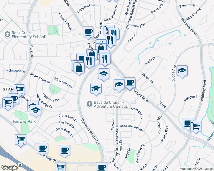 map of restaurants, bars, coffee shops, grocery stores, and more near 3331 Marlee Way in Rocklin