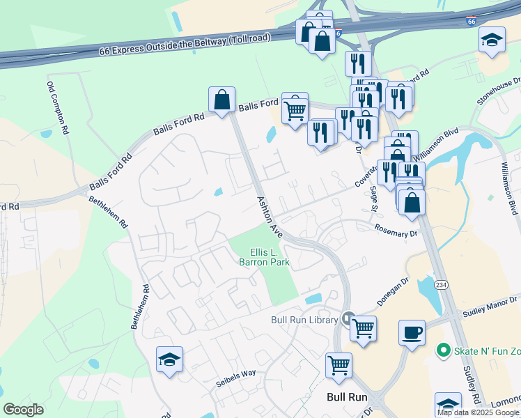 map of restaurants, bars, coffee shops, grocery stores, and more near 11050 Camfield Court in Manassas