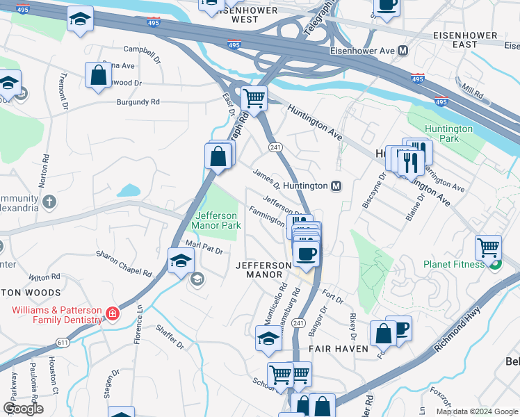 map of restaurants, bars, coffee shops, grocery stores, and more near 2802 Farmington Drive in Alexandria