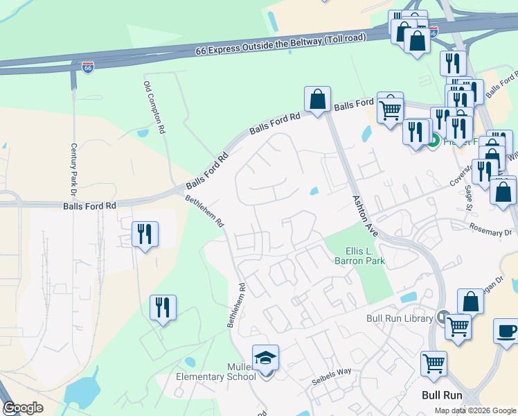 map of restaurants, bars, coffee shops, grocery stores, and more near 7551 Blackburn Ridge Drive in Manassas