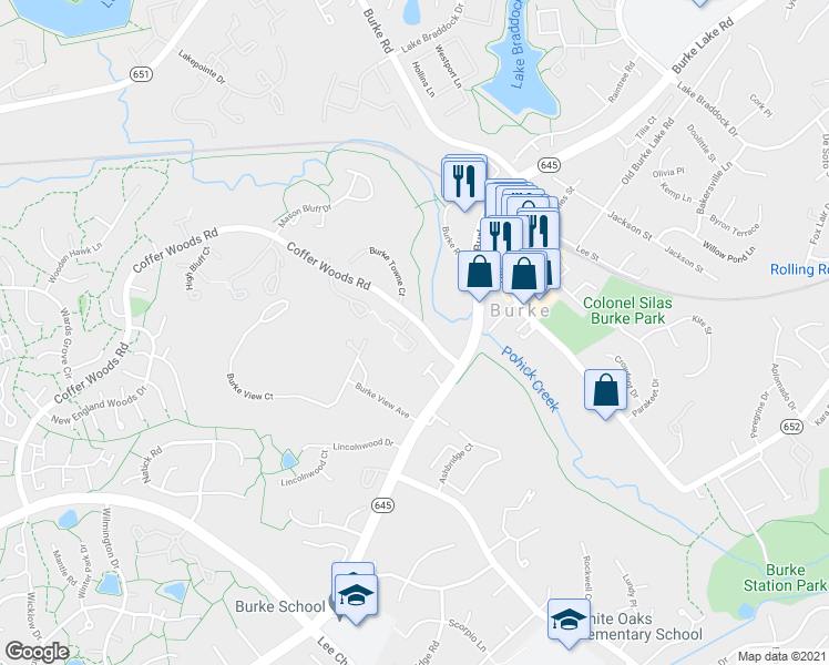 map of restaurants, bars, coffee shops, grocery stores, and more near 9622 Blincoe Court in Burke