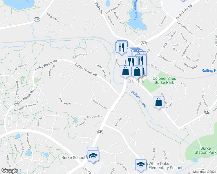 map of restaurants, bars, coffee shops, grocery stores, and more near 9622 Blincoe Court in Burke