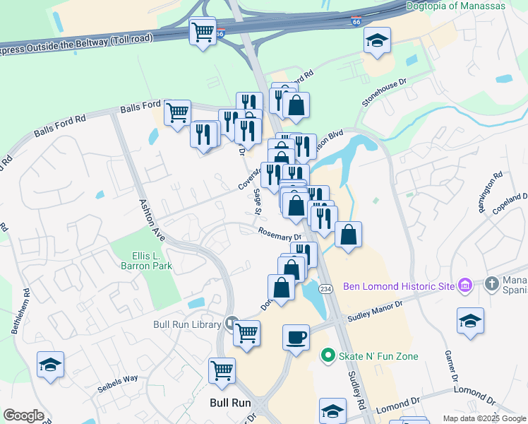 map of restaurants, bars, coffee shops, grocery stores, and more near 10796 Primrose Court in Manassas