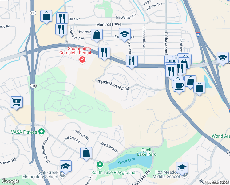 map of restaurants, bars, coffee shops, grocery stores, and more near 945 Tenderfoot Hill Road in Colorado Springs