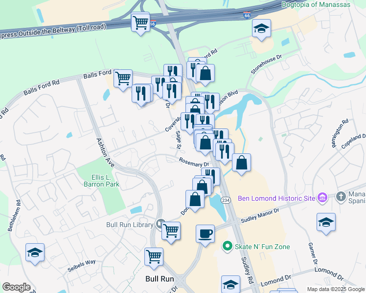 map of restaurants, bars, coffee shops, grocery stores, and more near 10796 Primrose Court in Manassas
