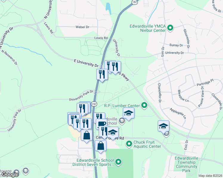 map of restaurants, bars, coffee shops, grocery stores, and more near 6150 Trace Parkway Drive in Edwardsville