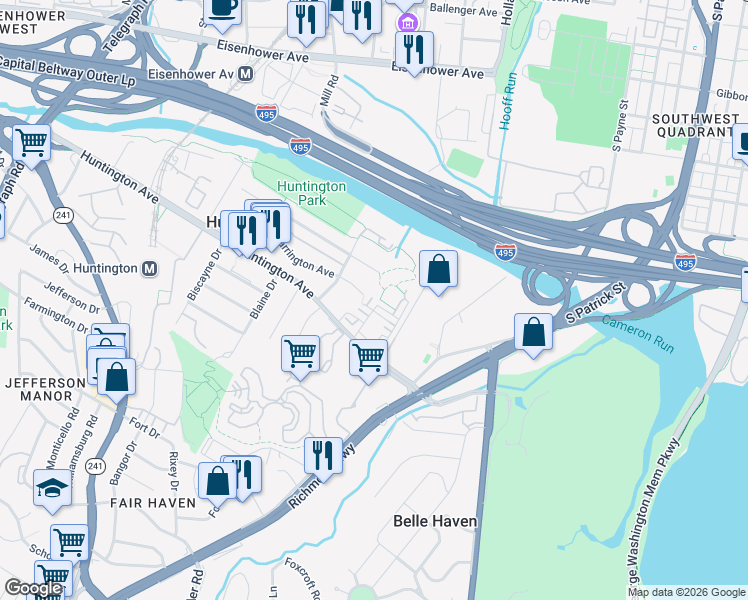 map of restaurants, bars, coffee shops, grocery stores, and more near 2056 Blunt Lane in Alexandria