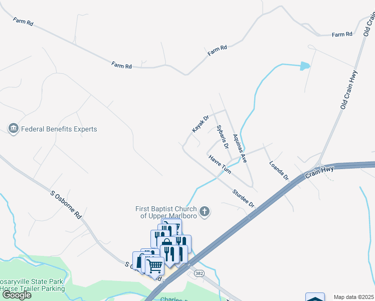 map of restaurants, bars, coffee shops, grocery stores, and more near 12302 Sturdee Drive in Upper Marlboro