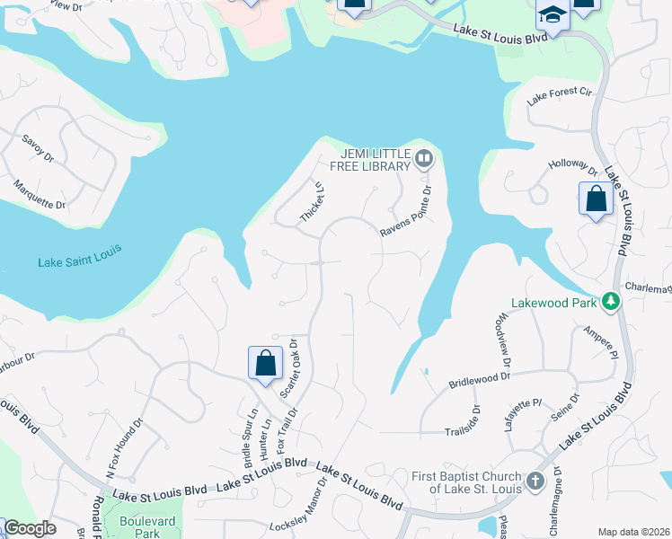 map of restaurants, bars, coffee shops, grocery stores, and more near 4 Rudder Court in Lake Saint Louis