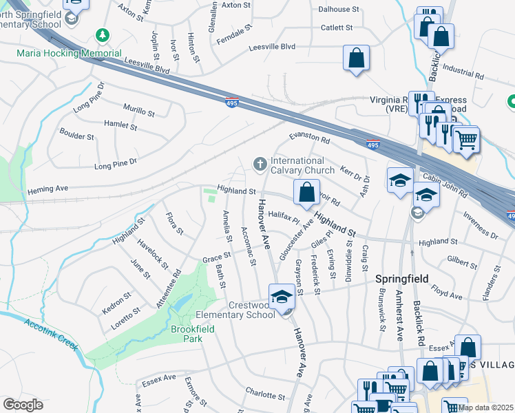 map of restaurants, bars, coffee shops, grocery stores, and more near 5804 Hanover Avenue in Springfield