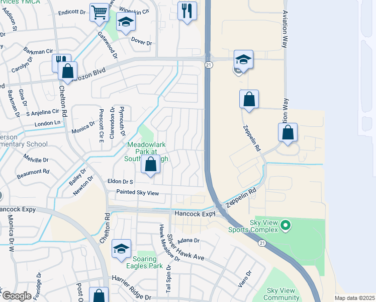 map of restaurants, bars, coffee shops, grocery stores, and more near 2675 Swale Run in Colorado Springs