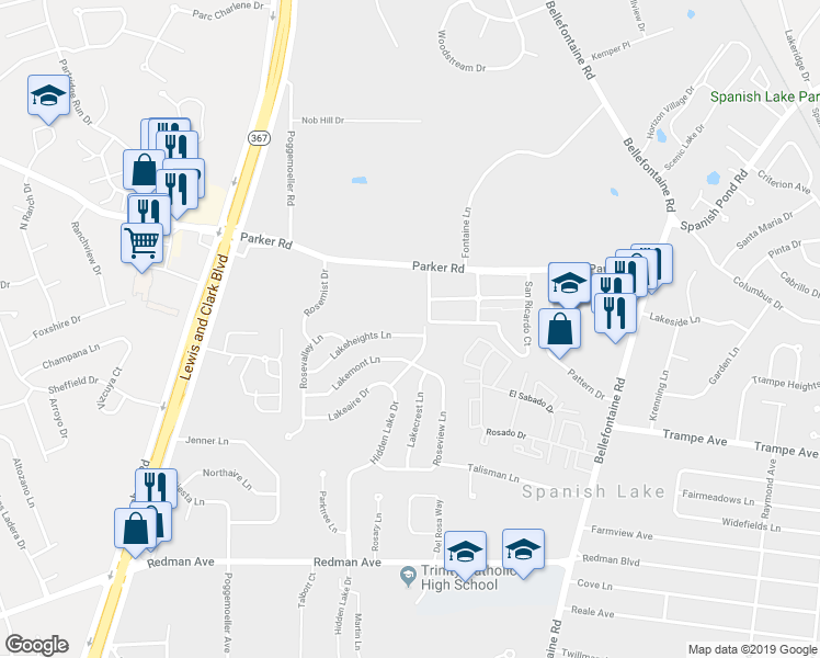 map of restaurants, bars, coffee shops, grocery stores, and more near 1811 Lakeheights Lane in St. Louis
