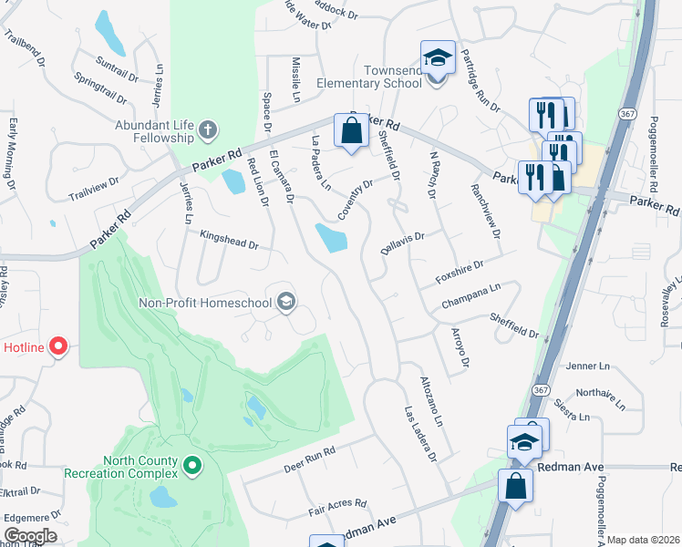 map of restaurants, bars, coffee shops, grocery stores, and more near 12004 El Camara Drive in Florissant