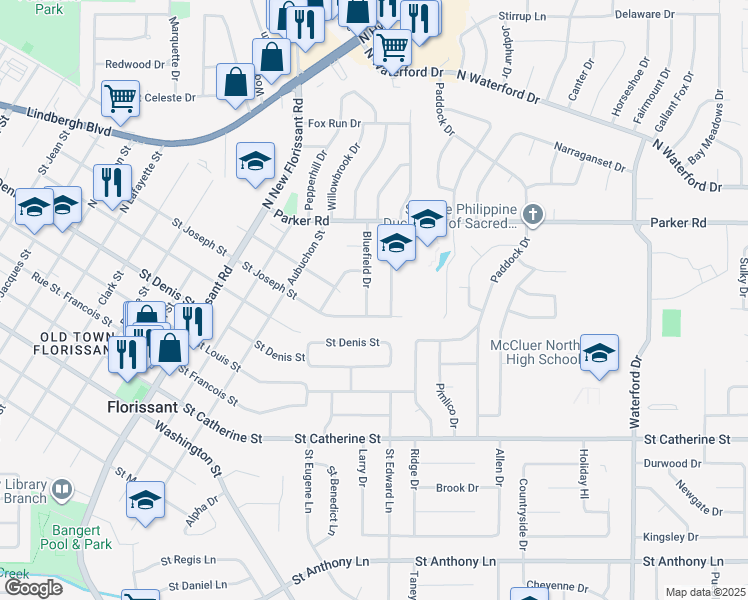 map of restaurants, bars, coffee shops, grocery stores, and more near 1065 Spring Valley Drive in Florissant